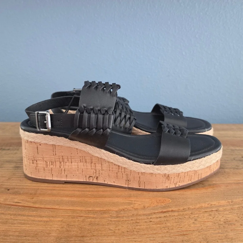 Frye and Co Womens Lavish Wedge Sandal Black Woven Cork Platform Size 7M